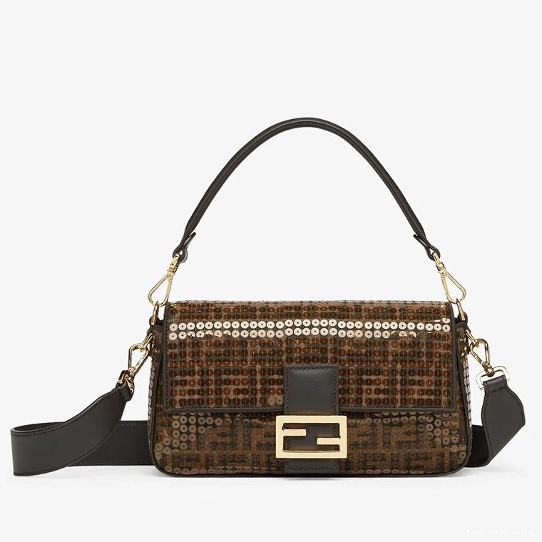 Cheap Bag Fendi Brown FF with Fabric Baguette Motif Medium In Sequins 0802